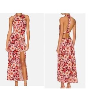 Free People Mimi Printed Maxi Dress Floral Cutout Long Slit Halter Red Sz large